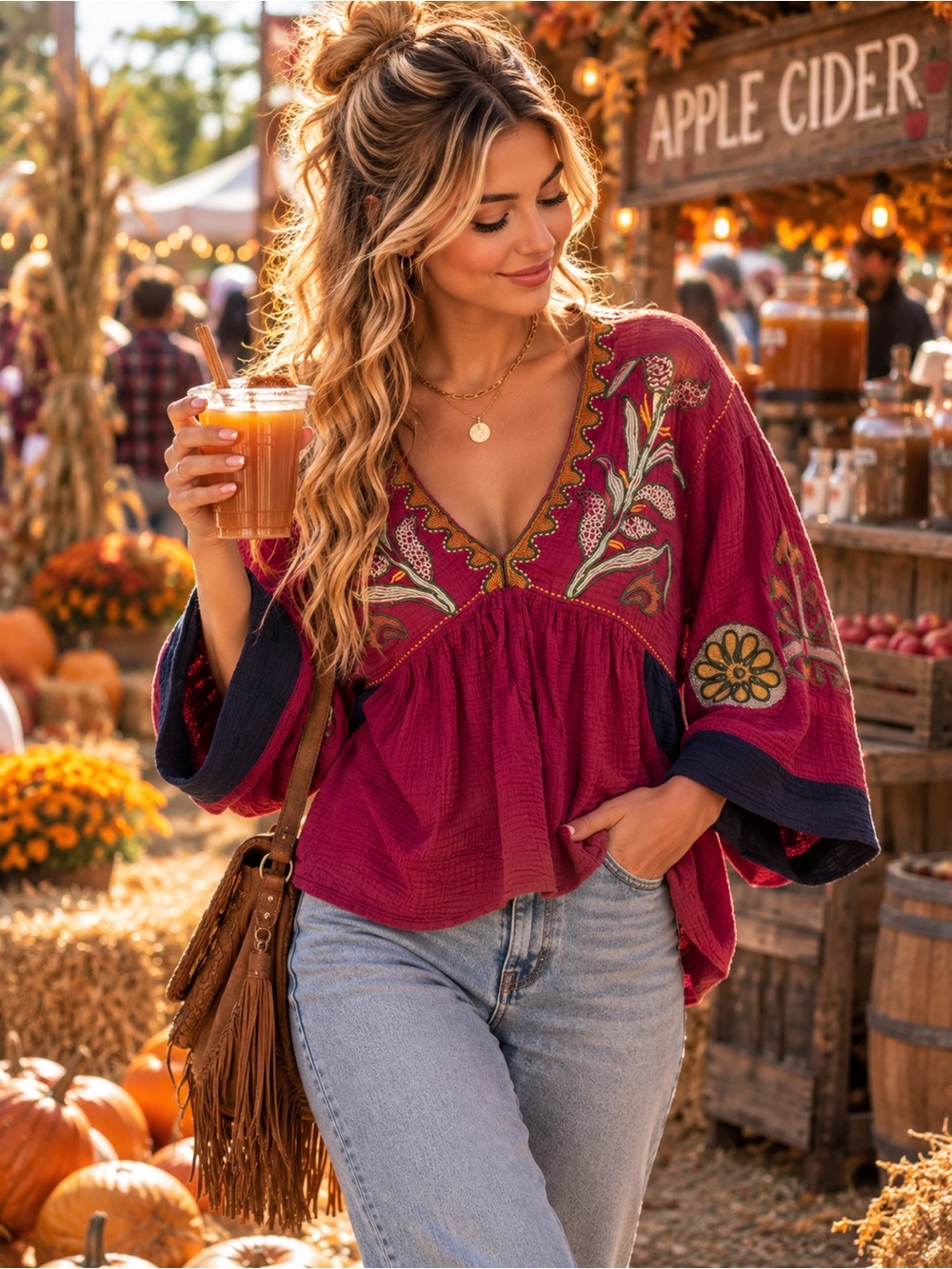 Veveret womans Embroidered V-Neck Peasant Blouse - Wine size M